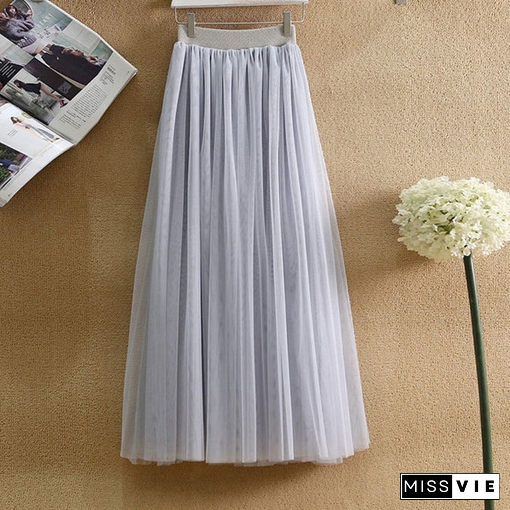 Tulle Skirts Women Summer Elastic High Waist Long Mesh Skirt Womens Tutu Maxi Pleated Skirt