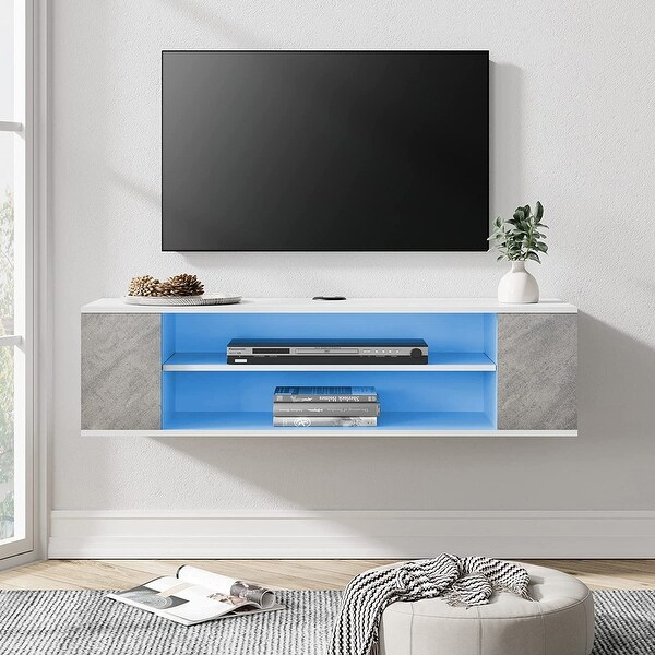 White Floating TV Stand with Colorful LED Lights， Floating Entertainment Center Wall Mounted， Floating TV Media Console