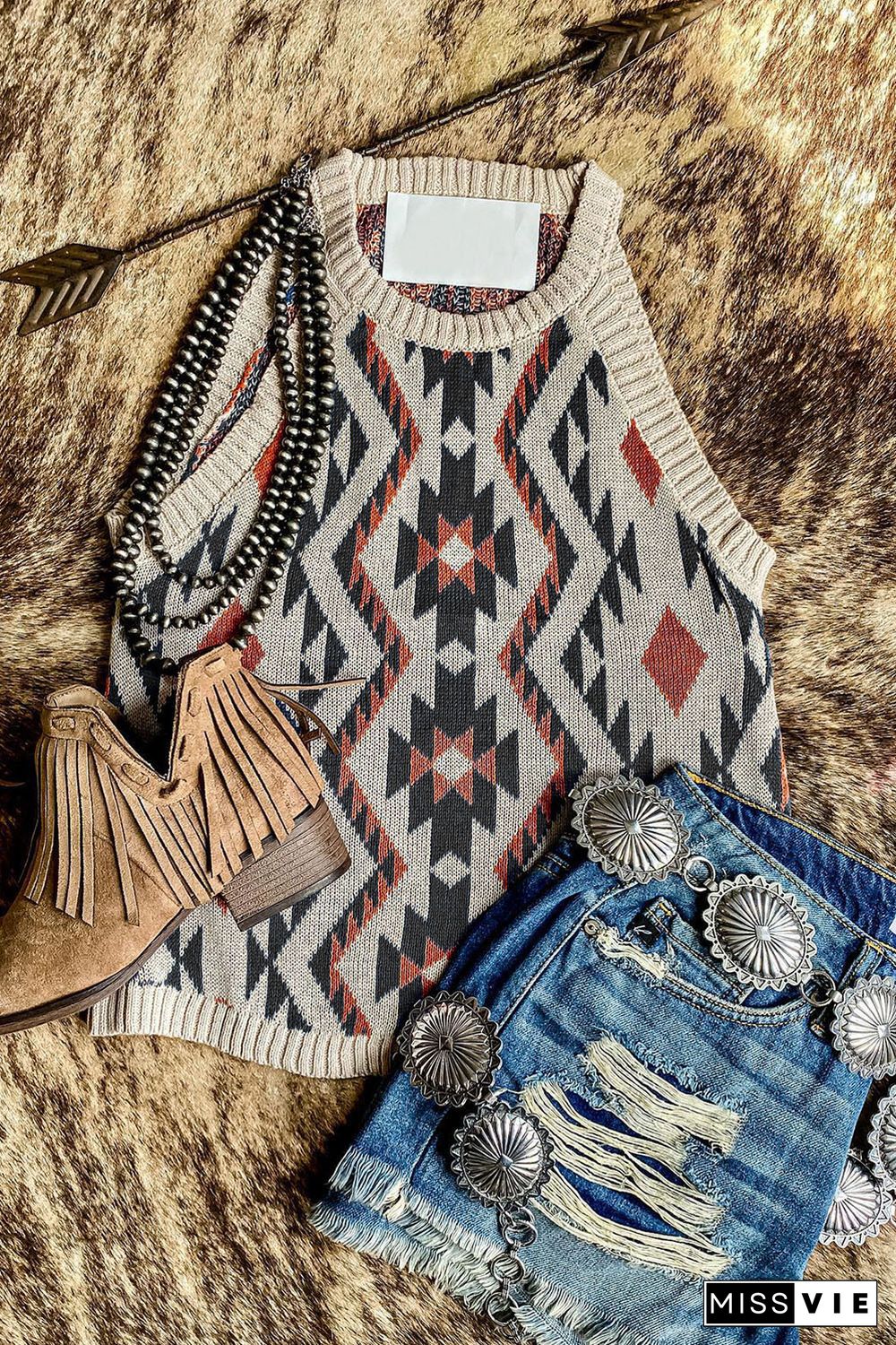 Brown Aztec Geometric Print Knitted Tank Top