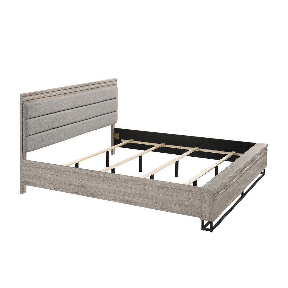 Roundhill Furniture Alvear Upholstered Wood Wallbed Bed with White LED Lights  2 Nightstands  Weathered Gray