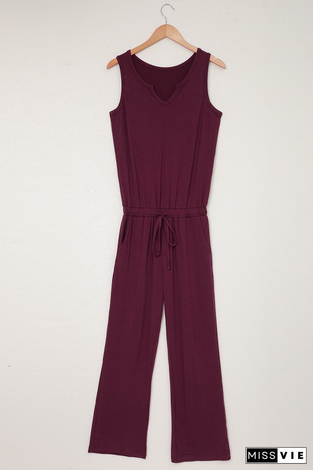 Wine Red Split Neck Drawstring Waist Sleeveless Jumpsuit