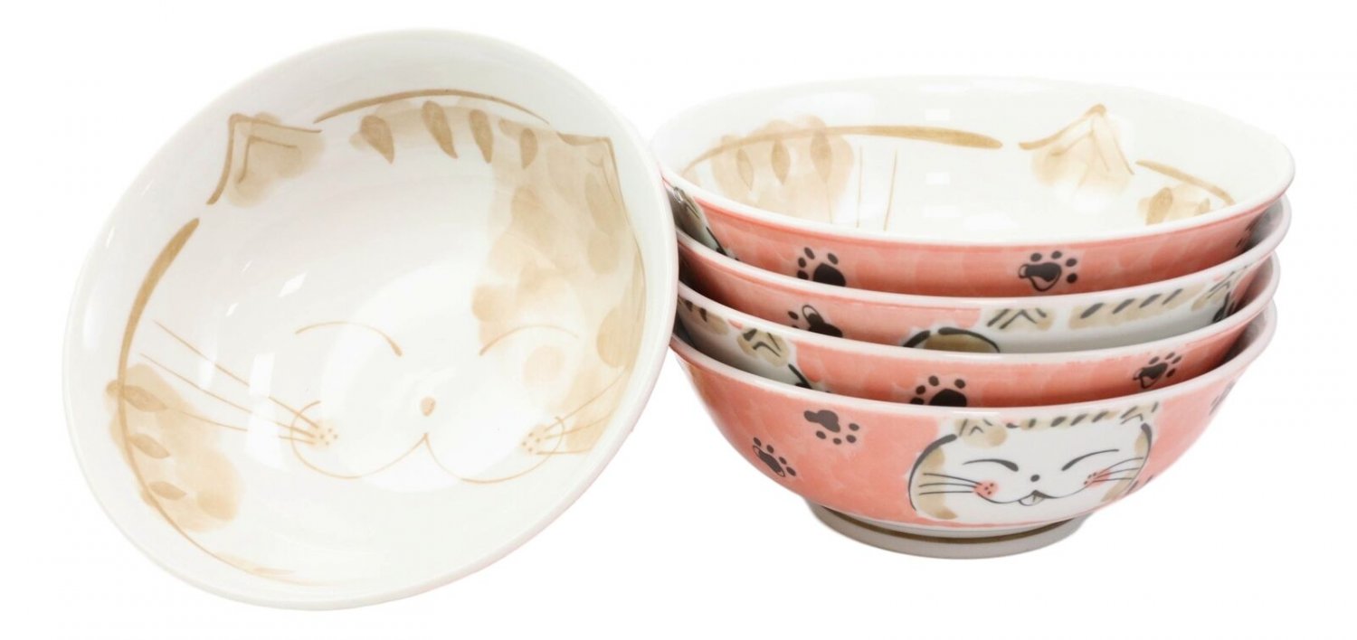 1 Pink Lucky Cat Maneki Neko 32oz Soup Pasta Cereal Bowls Set of 5 EBR02