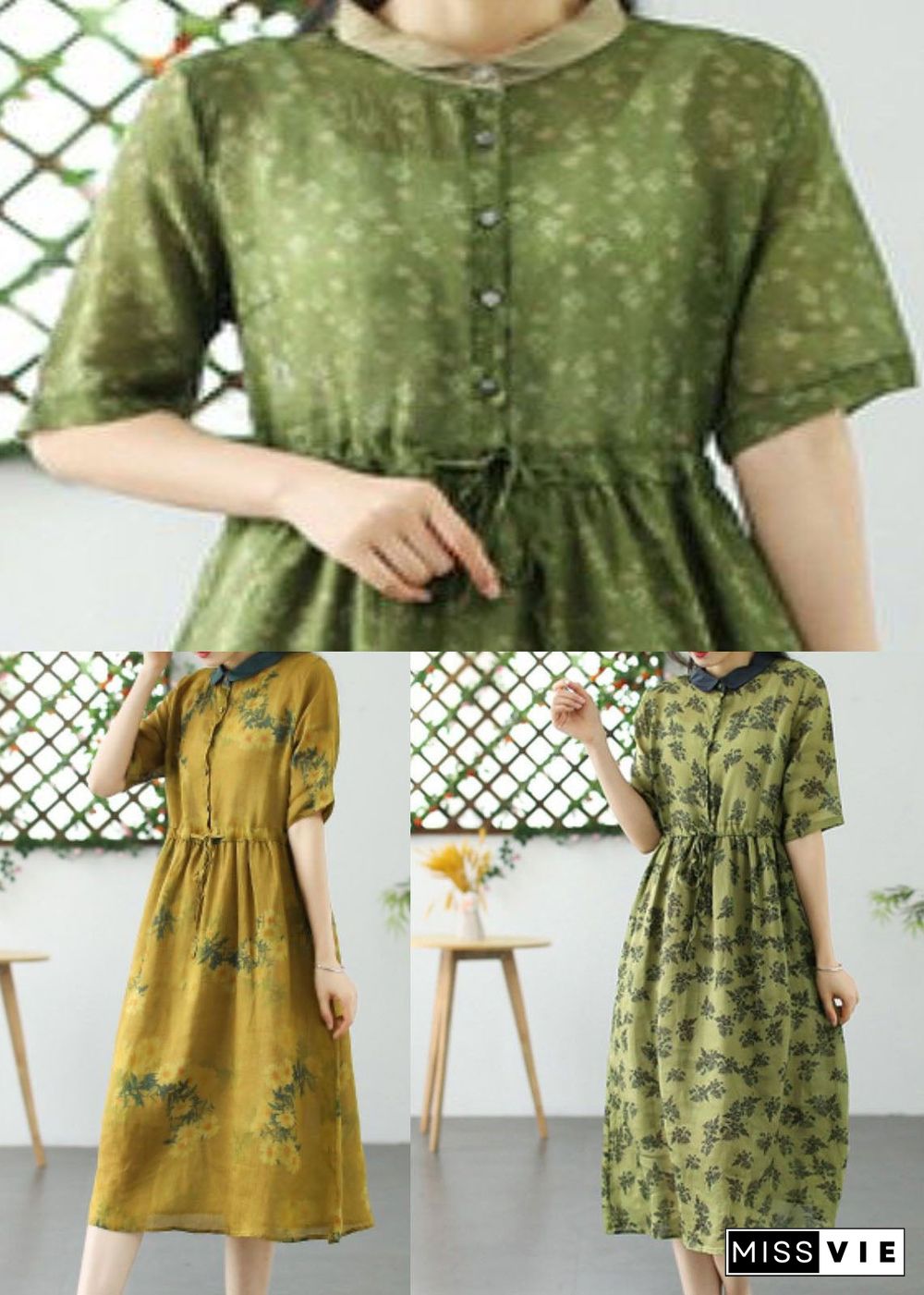 French Grass Green Peter Pan Collar Print Patchwork Linen Dresses Summer