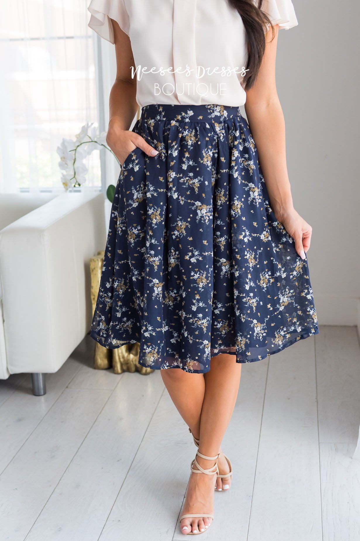 Navy Chiffon Floral Pocket Skirt