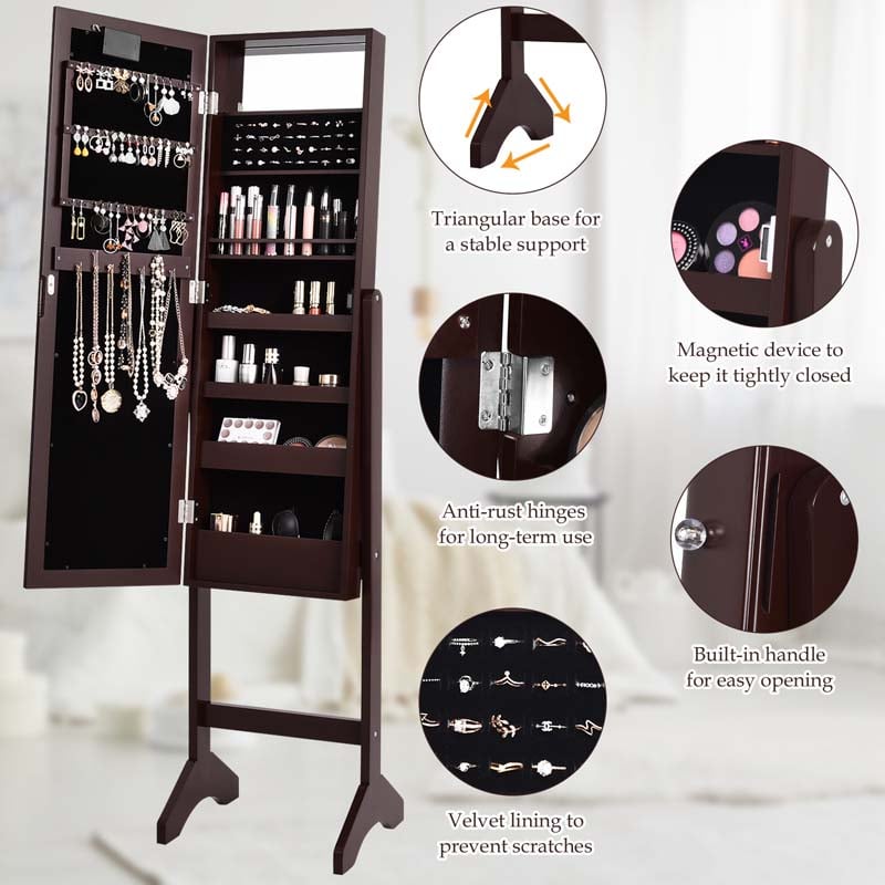 18 LEDs Large Standing Jewelry Armoire Cabinet Makeup Mirror with Full-Length Mirror 16 Lipstick Holder