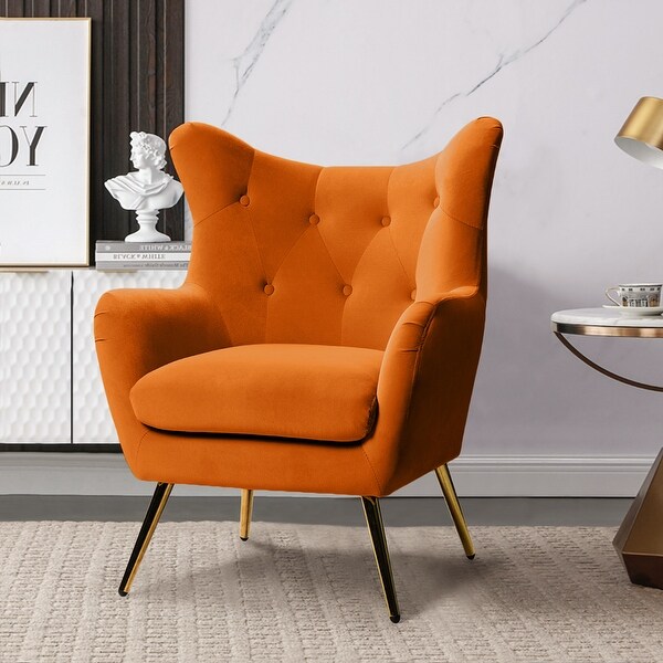 Eusebio Tufted Velvet Accent Chair with Wingback， Arms， and Metal Gold Legs for Living Room or Bedroom by HULALA HOME