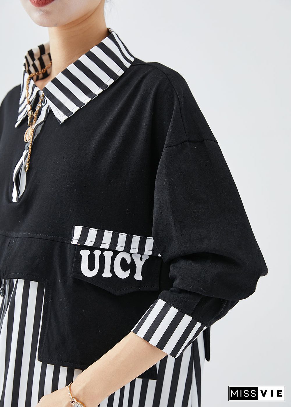 DIY Black Striped Patchwork Cotton Sweatshirt Streetwear Fall