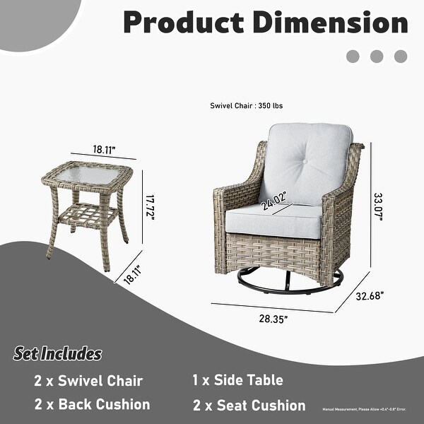 XIZZI 3Piece Swivel Rocking Chair Rattan Wicker Outdoor Patio Furniture Bistro Set