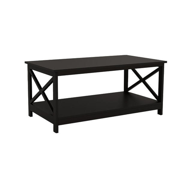 Coffee Table 39.56 in. L， X leg End Table with Bottom Shelf， Black