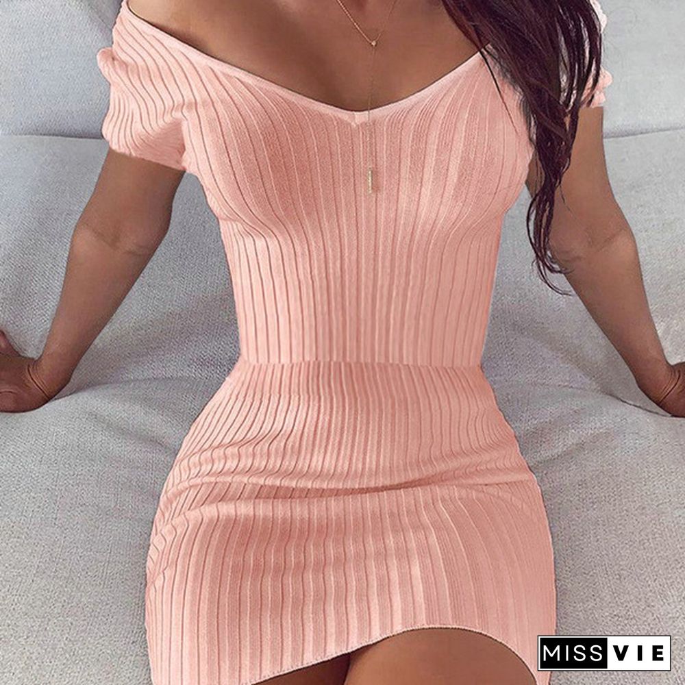 Fashion Women V-neck Bodycon Sexy Knitted Dresses Petal Cuff Pullover Mini Solid Dress for Woman