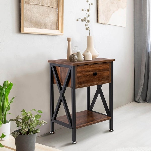 End Table/Side Table with Drawer and Open Storage Shelves and X Side Structure， Nightstand，Table for Bedroom Living Room