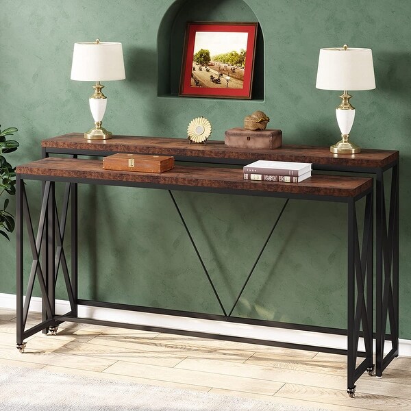 Console Table Set of 2， Narrow Long Sofa Entryway Tables Brown with Wheels