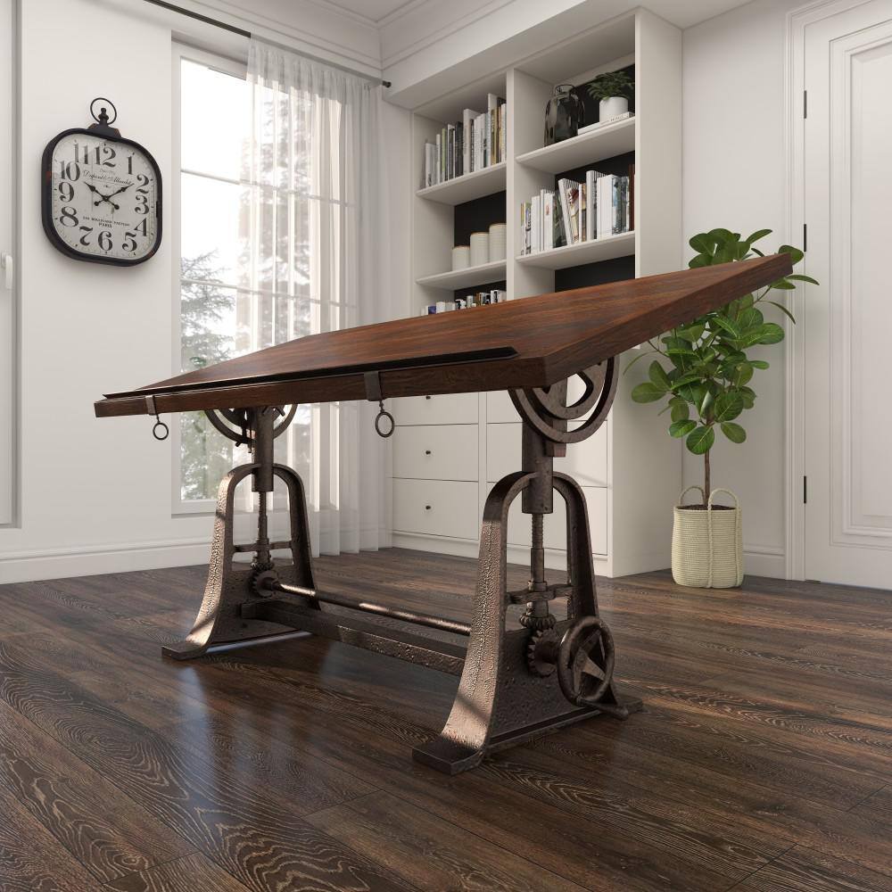 Litton Lane 30 in. Rectangle Brown Teak Wood Drafting Style Computer Desk with Tilting Top and Crank Height Adjustment 88586