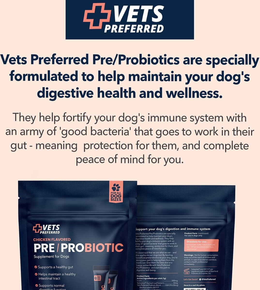 Vets Preferred Pre/Probiotic Chicken Flavored Powder Digestive Supplement for Dogs， 30 count