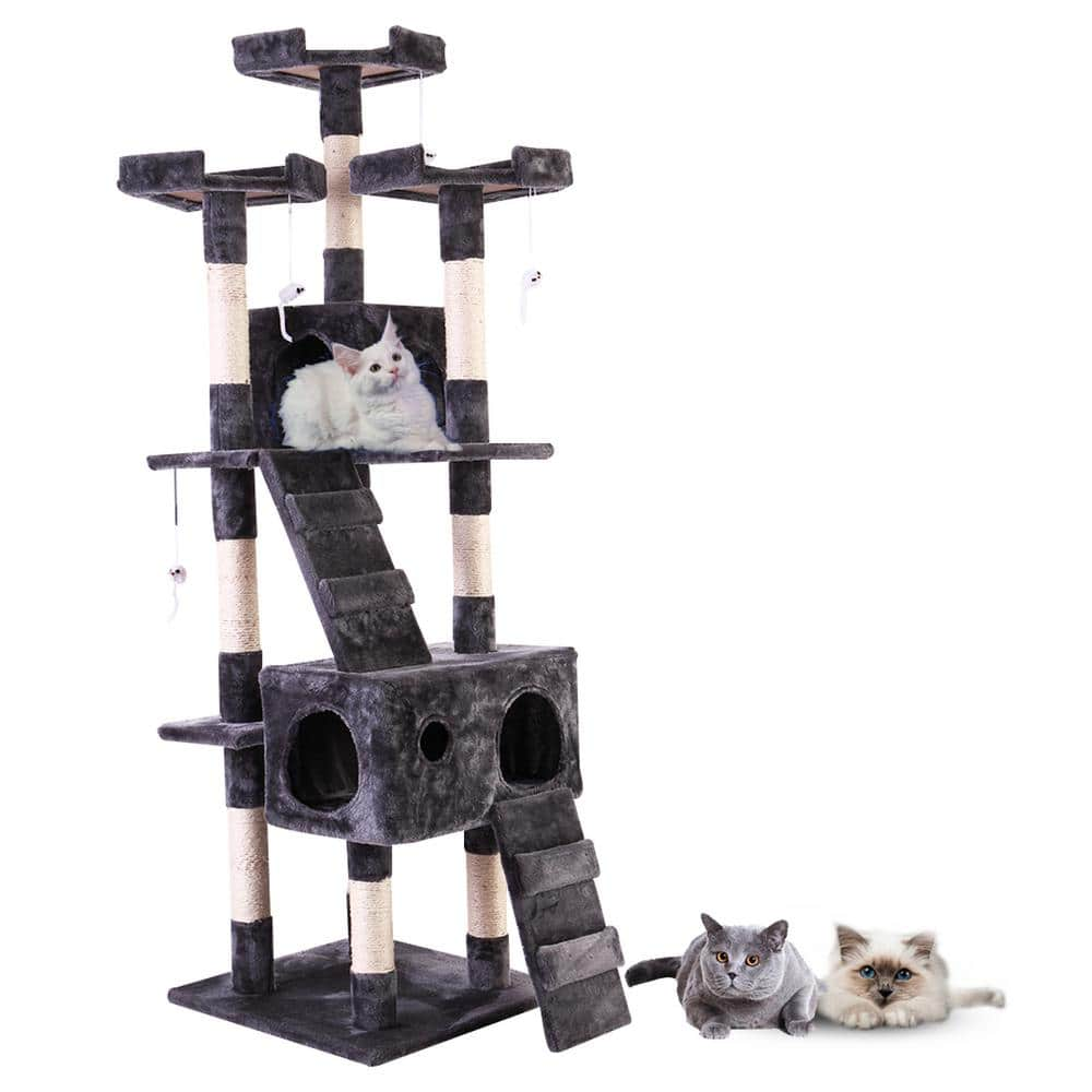 COZIWOW 67 in. and 34 in. H Multi-Level Cat Tree with Kitten Activity Center Plush Perch CW12W5225MS