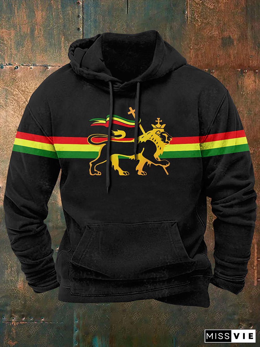 Retro Stripe Reggae Lion Print Graphic Hoodie