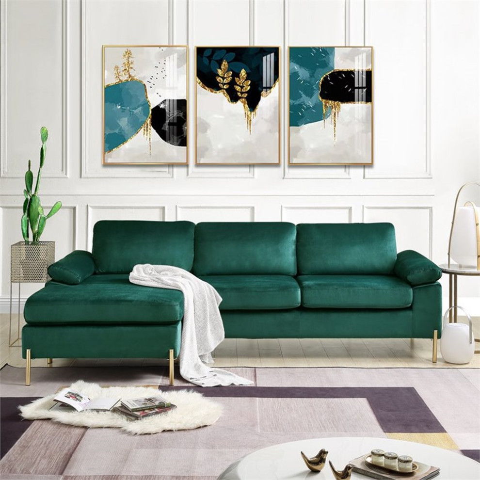 Devion Furniture Modern Velvet Sectional Sofa in Green/Gold legs   Sofas   by Homesquare  Houzz