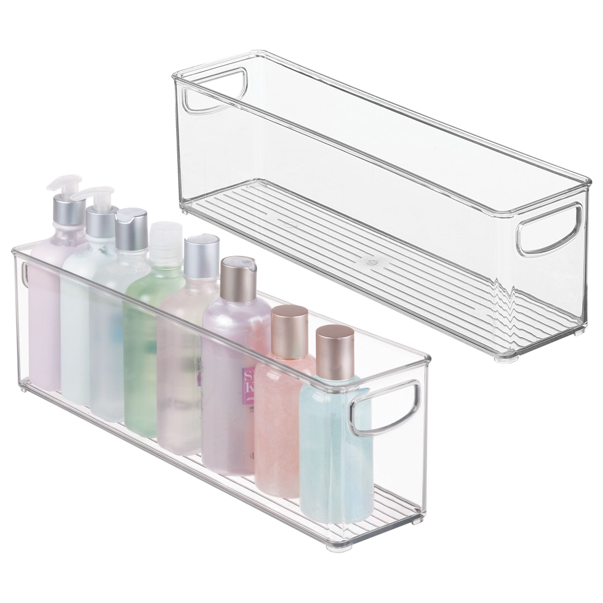 mDesign Plastic Bathroom Organizer - Storage Holder Bin with Handles for Vanity, Cupboard, Cabinet Shelf, Linen or Hallway Closets, Holds Styling Tools, Beauty Products, or Toiletries - 2 Pack - Clear