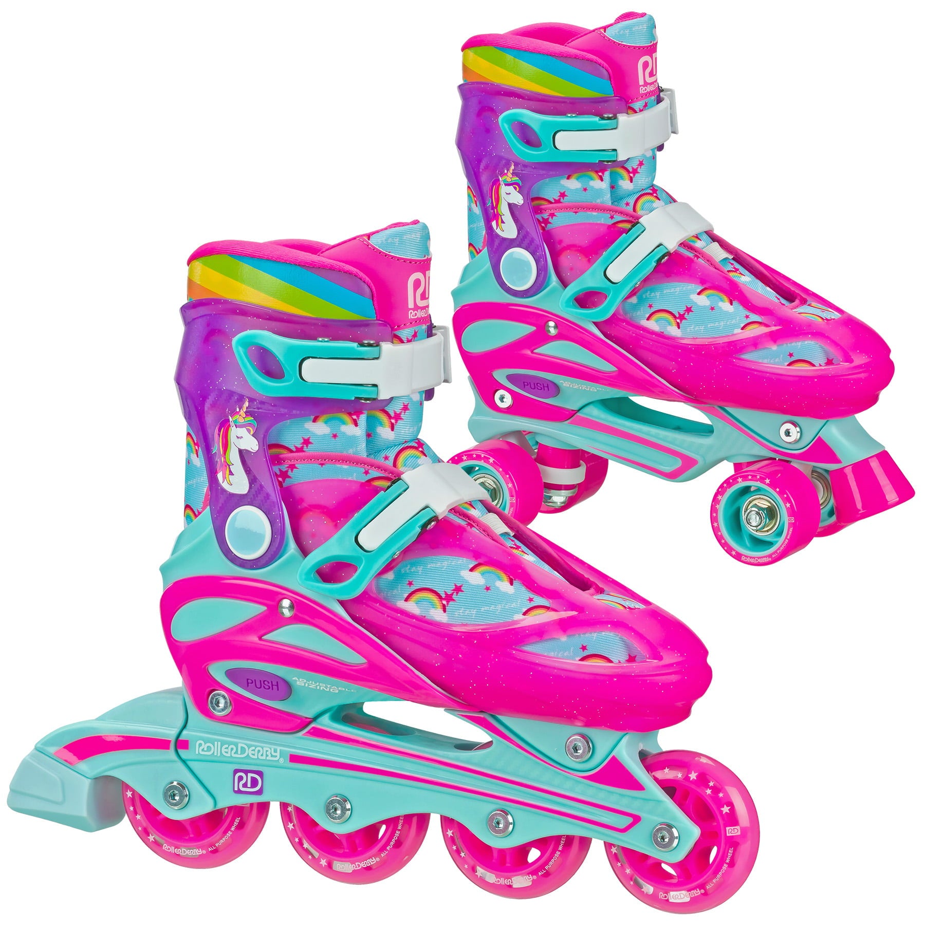 Roller Derby Sprinter Girl's 2-in-1 Quad Roller and Inline Skates Combo， Unicorn (Size 3-6)