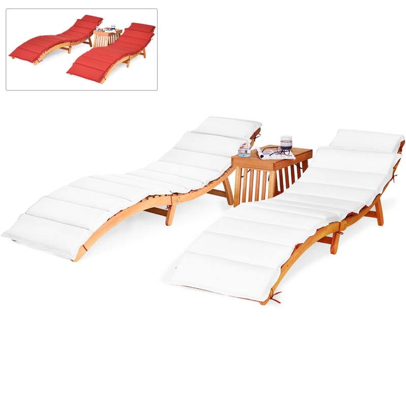 3 Pcs Wood Folding Patio Chaise Lounge Chair Set Double-Sided Cushioned Sun Pool Lounger with Side Table