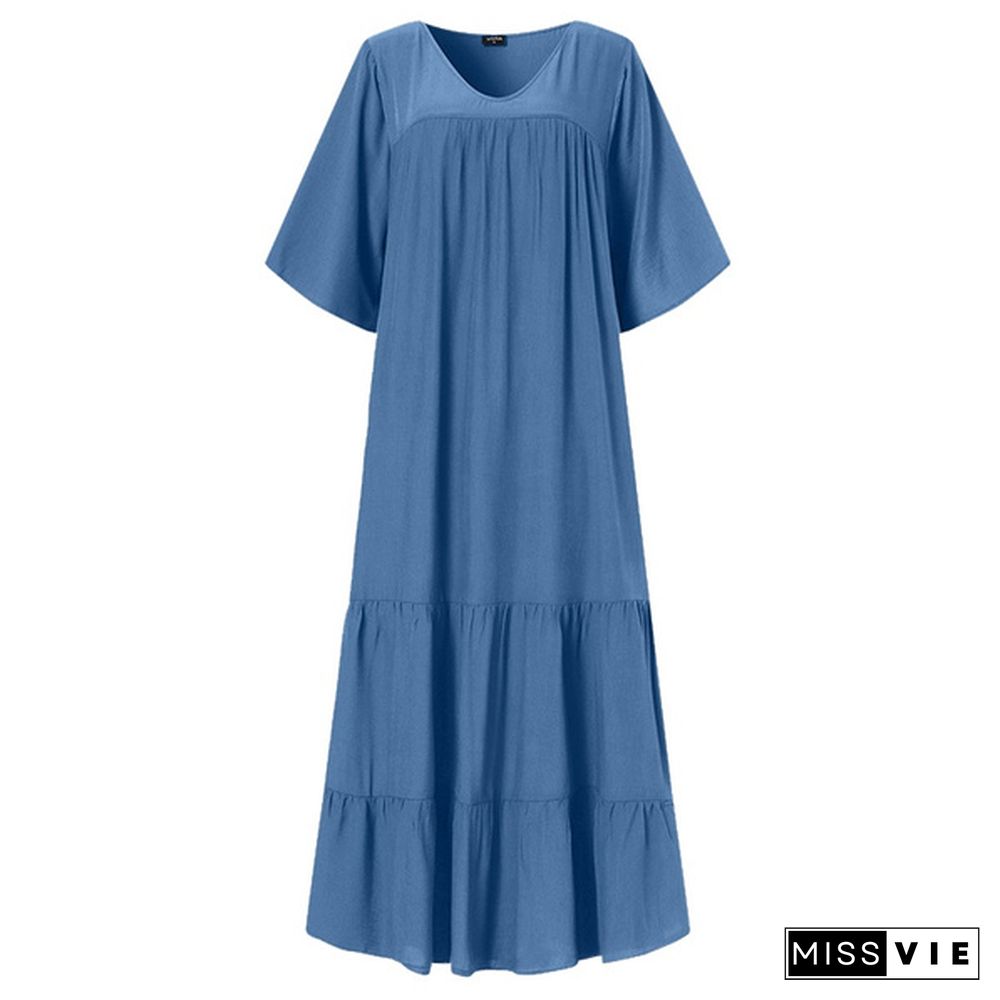 Women's Fashion Maxi Dress Casual Short Sleeve V Neck Loose Pleated Tunic Dress Kaftan Dress Kleid Plus Size