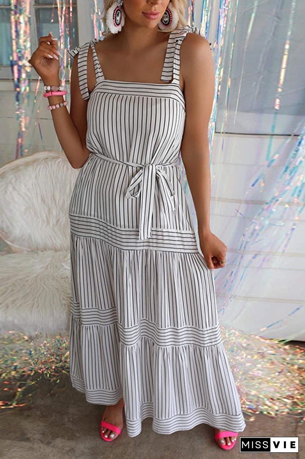 White Pin Striped Spaghetti Strap Tiered Maxi Dress