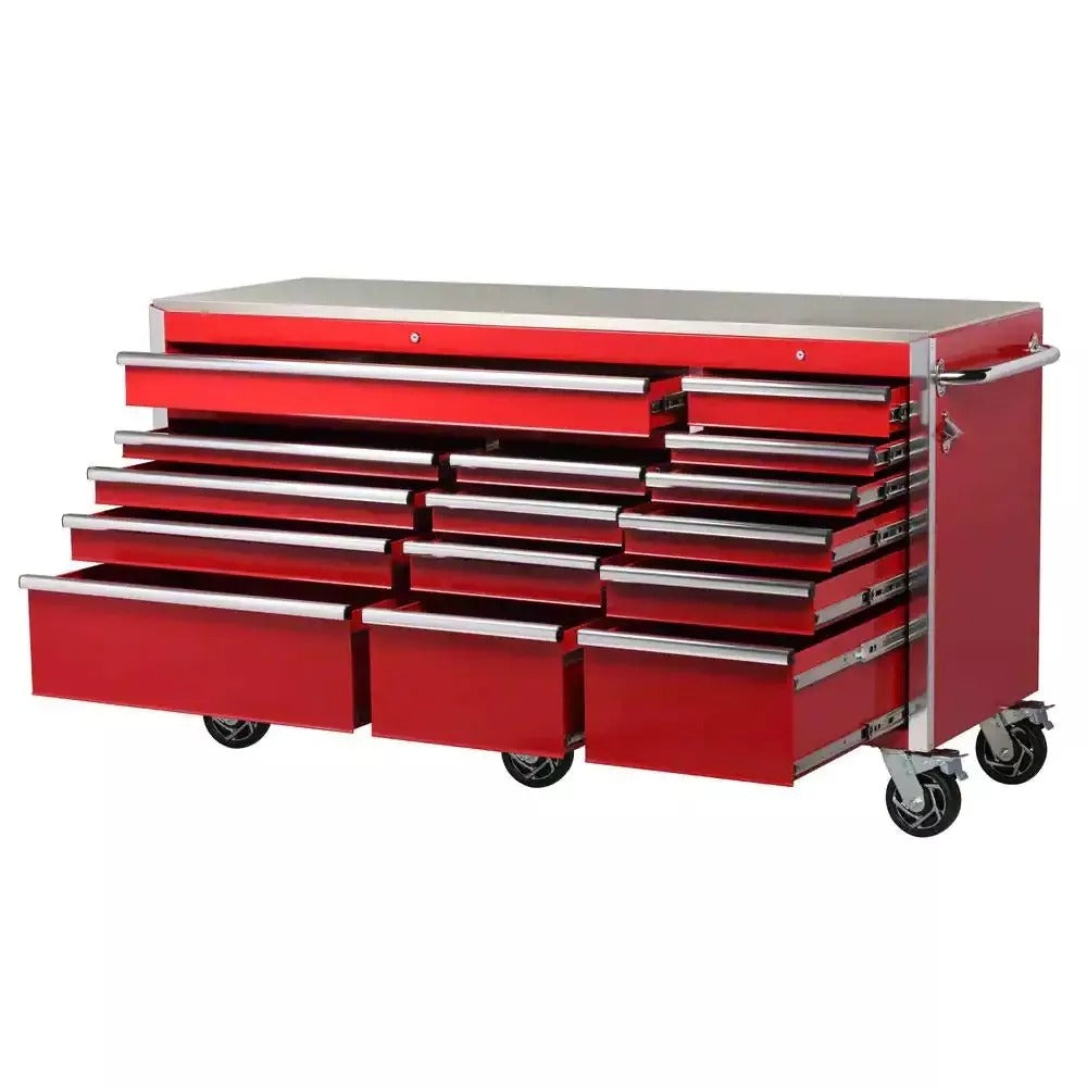 Heavy-Duty 72 in. W x 24 in. D 15-Drawer Tool Chest Mobile Workbench with Stainless Steel Top and Dual Locks in Red