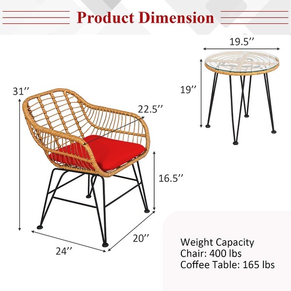 Costway 3PCS Patio Rattan Bistro Furniture Set Cushioned Chair Table