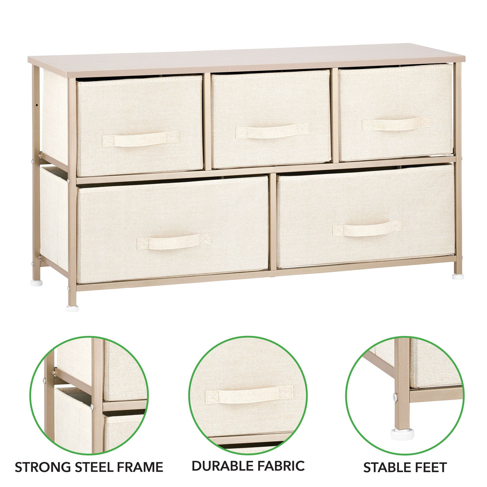 mDesign Wide Steel Frame/Wood Top Storage Dresser Furniture Unit with 5 Removable Fabric Drawers, Large Bureau Organizer for Bedroom, Living Room, Closet - Lido Collection, Cream/Gold