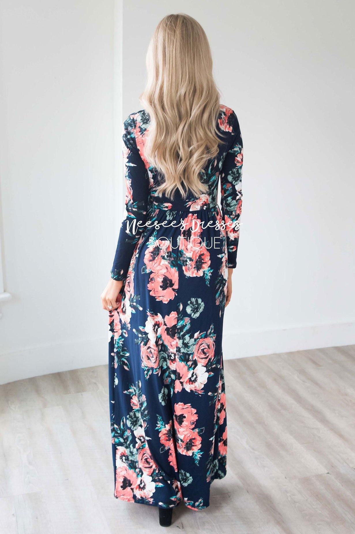 Navy Watercolor Long  Sleeve Maxi Dress