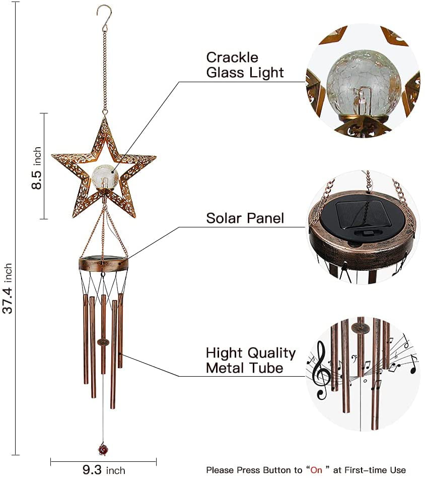 Solar Wind Chimes for Outdoor/Indoor Crackle Glass Ball LED Star Wind Chime， Waterproof Metal Bronze Unique Memorial Sympathy Gift， Hanging Decorative for Garden Home Yard Patio Lawn