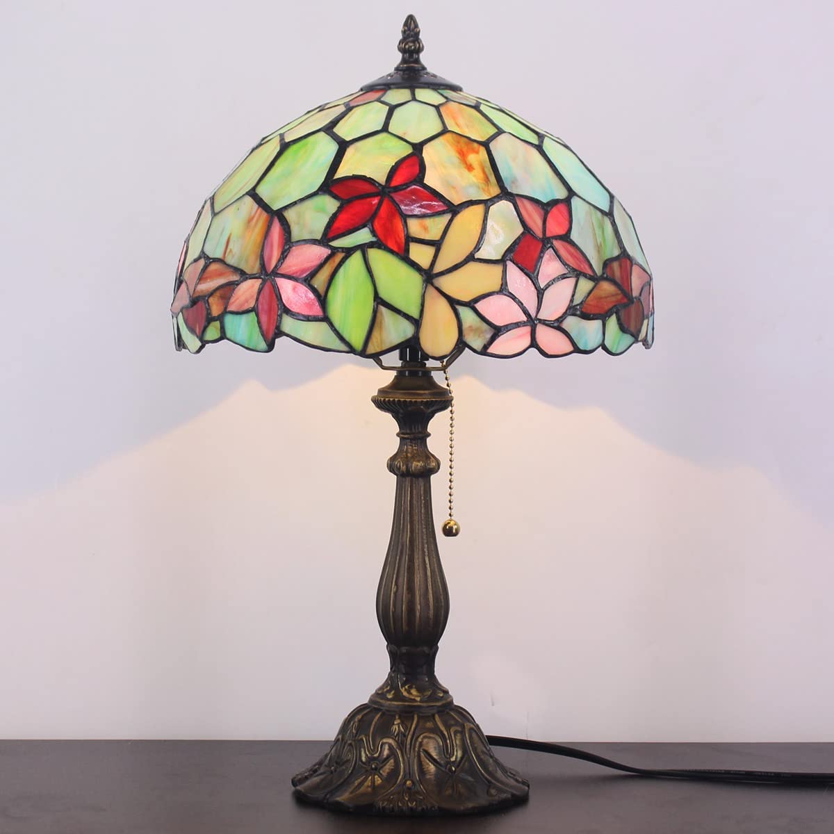 SHADY Tiffany Style Table Lamp W12H19 Inch Stained Glass Flower Antique Bedside Nightstand Desk Reading Lamp Work Study Desktop Light Decor Home Kids Bedroom Living Room Office Pull Chain