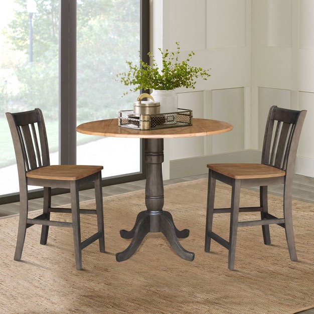 Round Dual Drop Leaf Counter Height Dining Table With 2 Splat Back Stools Hickory washed Coal International Concepts