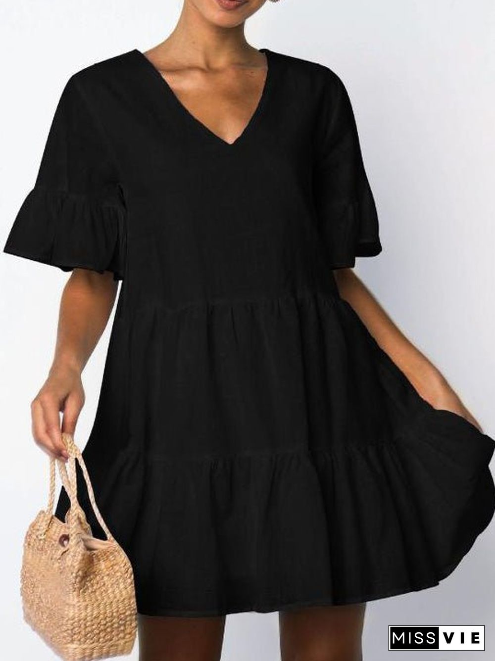 Women'S Dresses V-Neck Short Sleeve Ruffle Dress