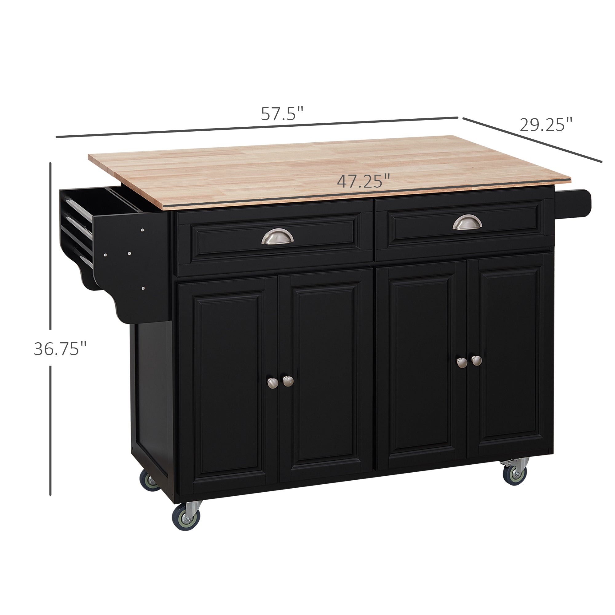 HOMCOM Rolling Kitchen Island on Wheels Utility Cart with Drop-Leaf and Rubber Wood Countertop， Storage Drawers， Door Cabinets， Black