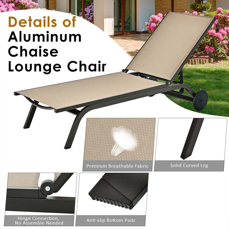 Aluminum Patio Chaise Lounge Chair with Wheels, 6-Position Fabric Outdoor Sun Lounger for Pool Beach Deck Yard