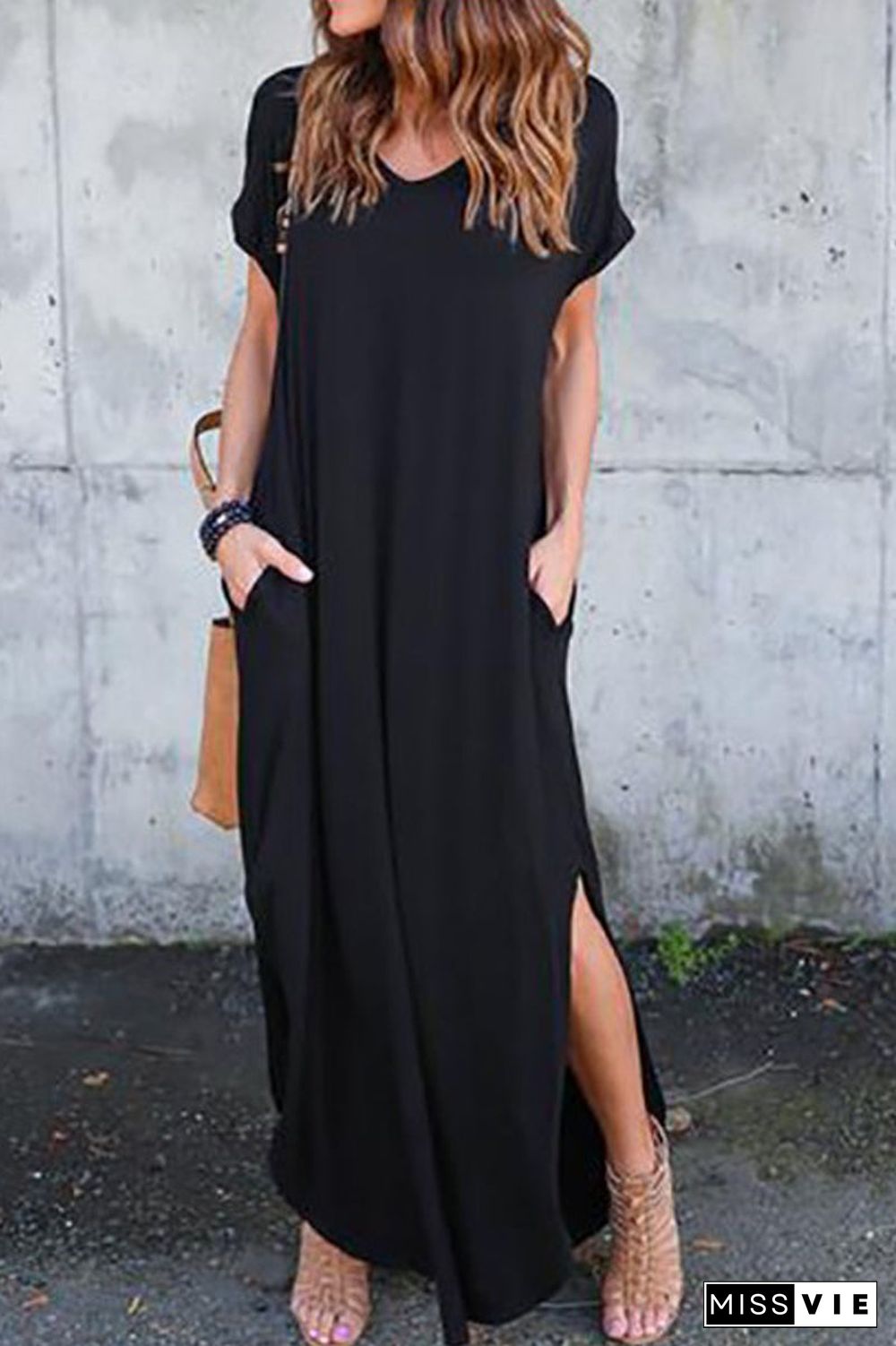 Solid Side Slit Pocket Maxi Dress