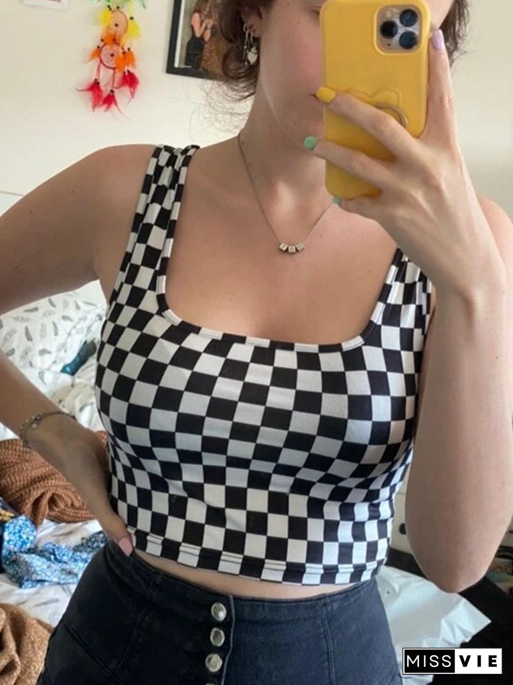 Y2K Checkerboard Plaid Pattern Crop Top Women Streetwear Summer Bodycon Tank Top Shirts Black And White Color Block Clubwear