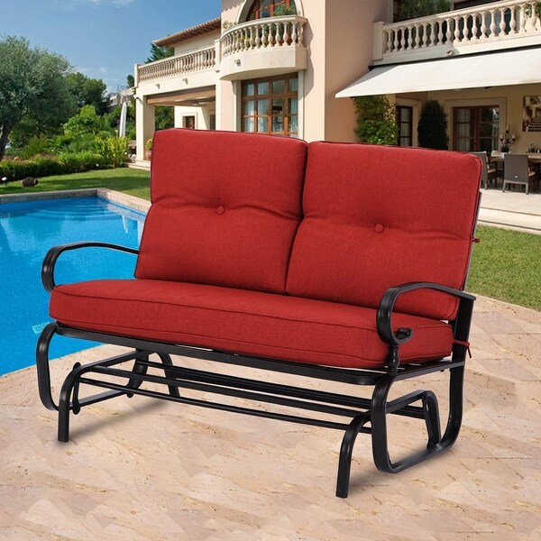 Nista 2 Person Outdoor Patio Black Metal Double Rocker Glider Garden Bench Loveseat with Cushions by Havenside Home