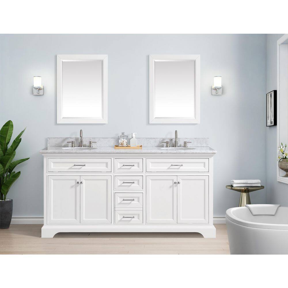 Home Decorators Collection Windlowe 73 in. W x 22 in. D x 35 in. H Freestanding Bath Vanity in White with Carrara White Marble Marble Top 15101-VS73C-WT