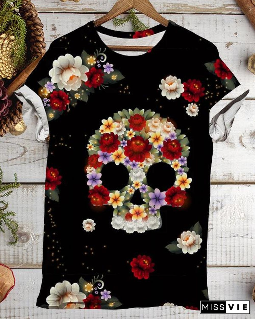 Women Plus Size Halloween Skull Flower Print Short Sleeve T-Shirts