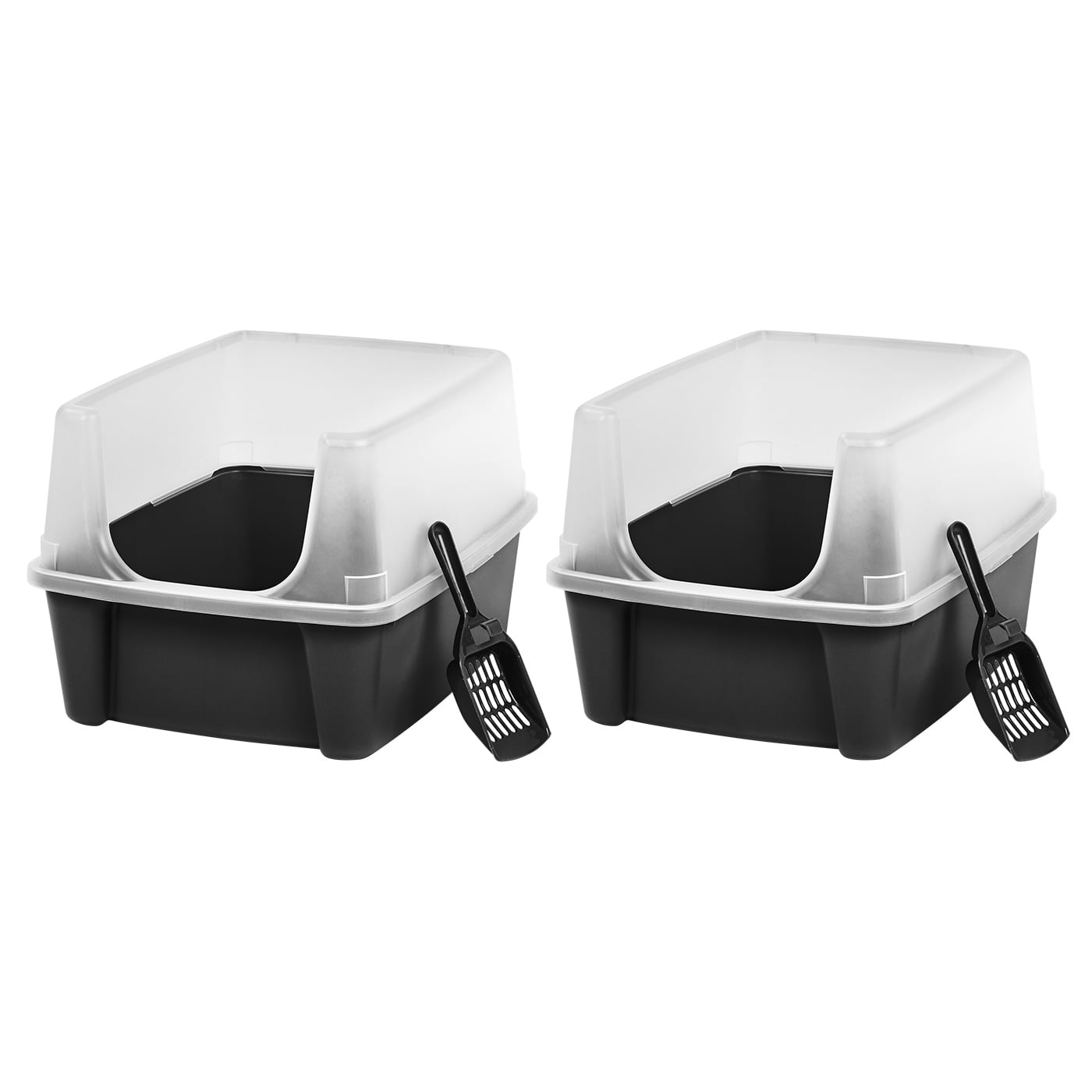 IRIS USA Open-Top Cat Litter Box with Shield and Scoop， Black， 2 Pack