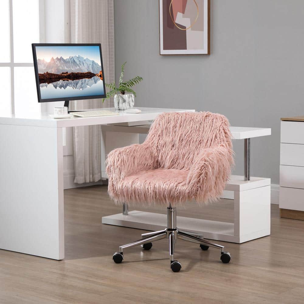 Vinsetto Pink Faux Fur Desk Chair Swivel Vanity Chair with Adjustable Height and Wheels 921-548PK