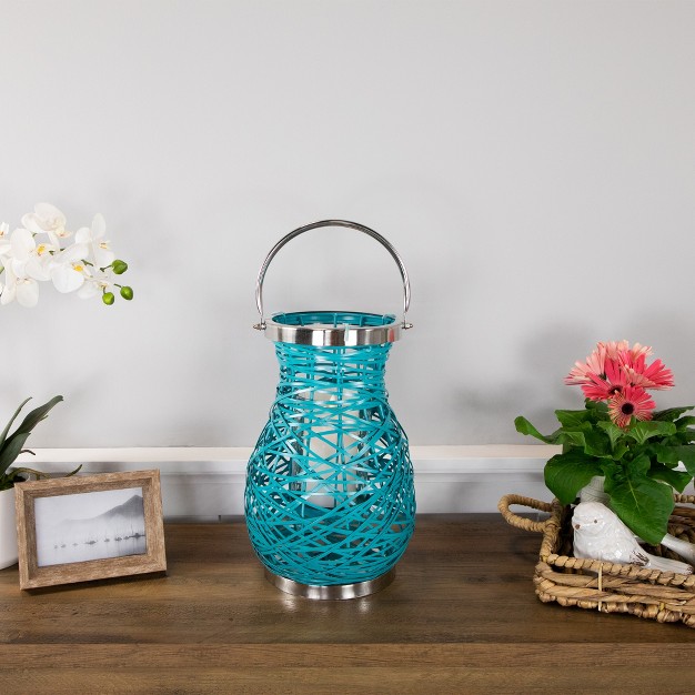 Turquoise Woven Metal Hurricane Pillar Candle Lantern