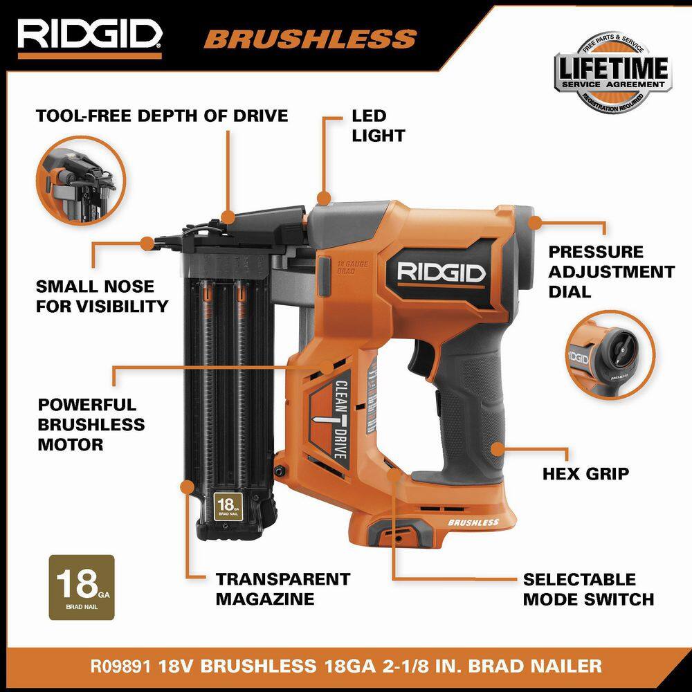 RIDGID 18V Brushless Cordless 18-Gauge 2-18 in. Brad Nailer (Tool Only) with CLEAN DRIVE Technology R09891B