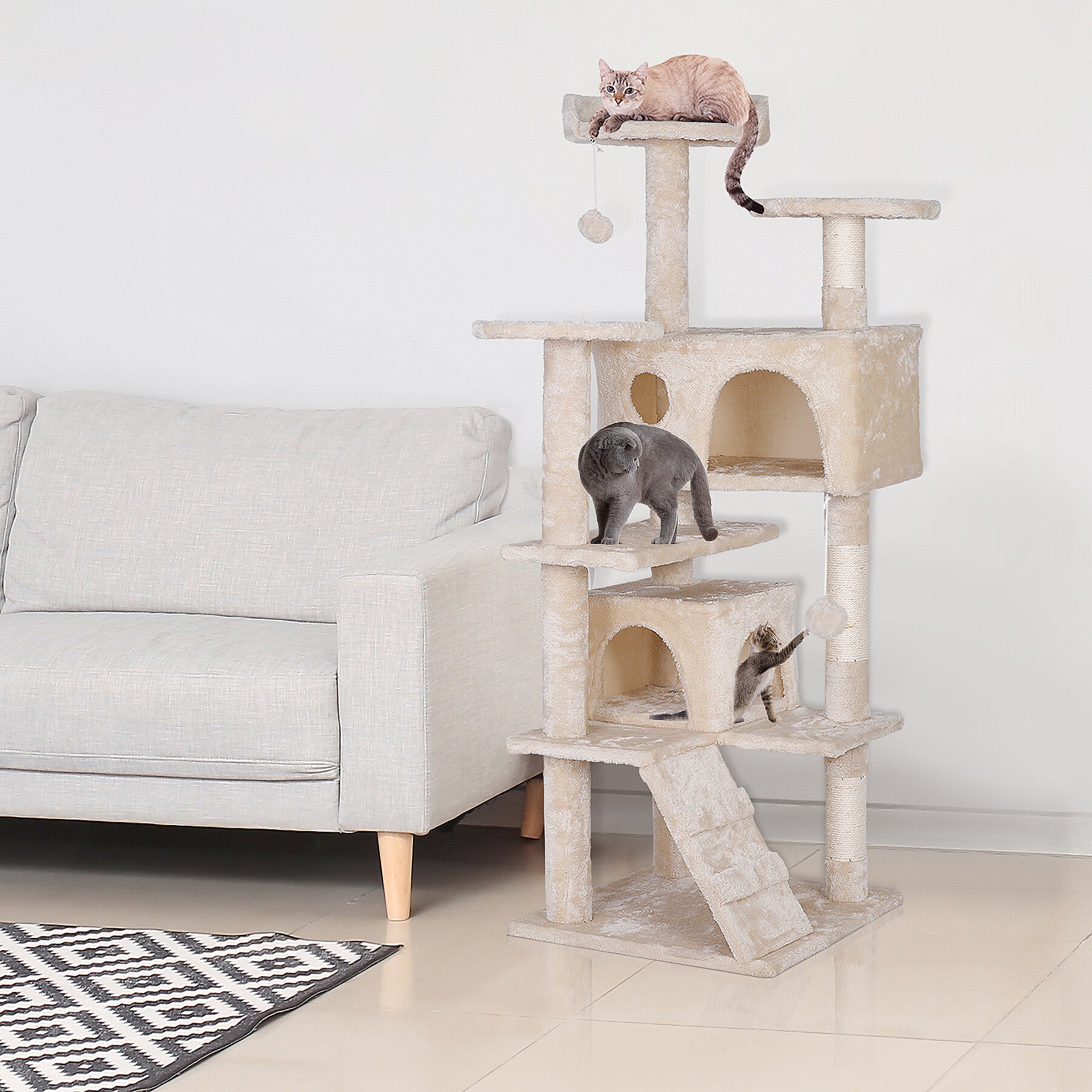 ZENSTYLE 55-in Cat Tree and Condo Scratching Post Tower， Beige