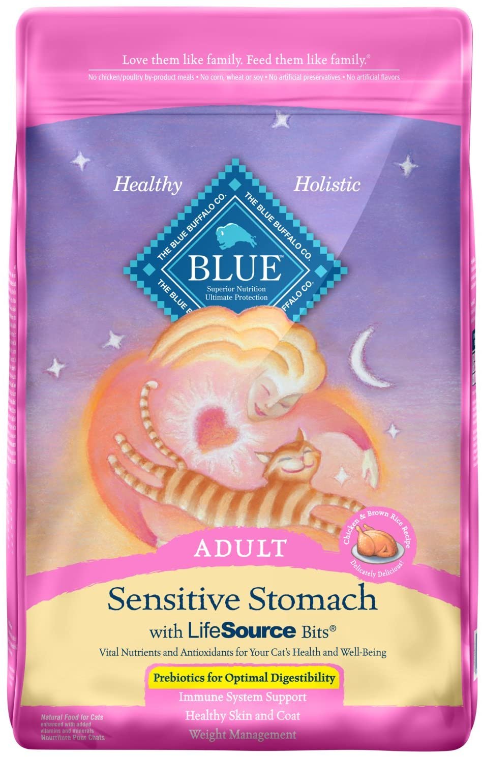 Blue Buffalo Sensitive Stomach Natural Adult Dry Cat Food， Chicken and Brown Rice 15-Lb