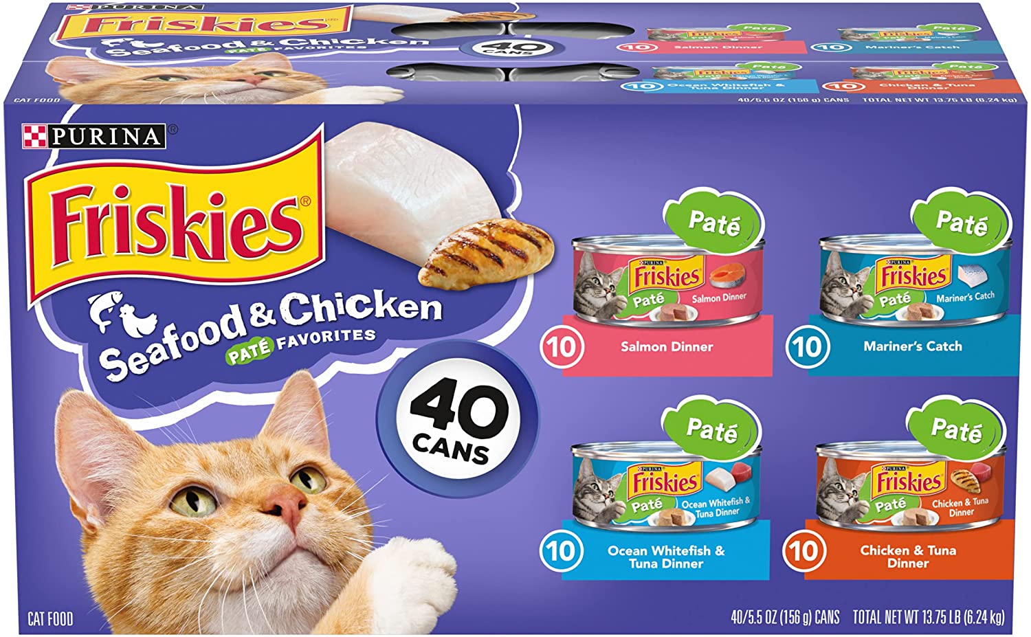 Purina Friskies Pate Wet Cat Food Variety Pack， Seafood and Chicken Pate Favorites - (40) 5.5 oz. Cans