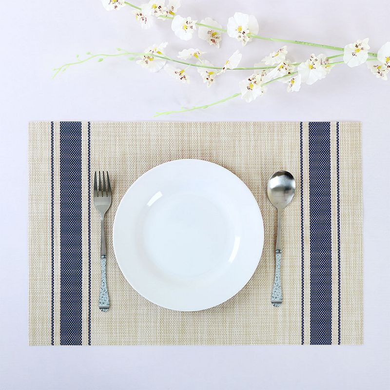 Heat Resistant Non-skid PVC Table Mats Placemats Begie (Blue Strip) 6 Pcs