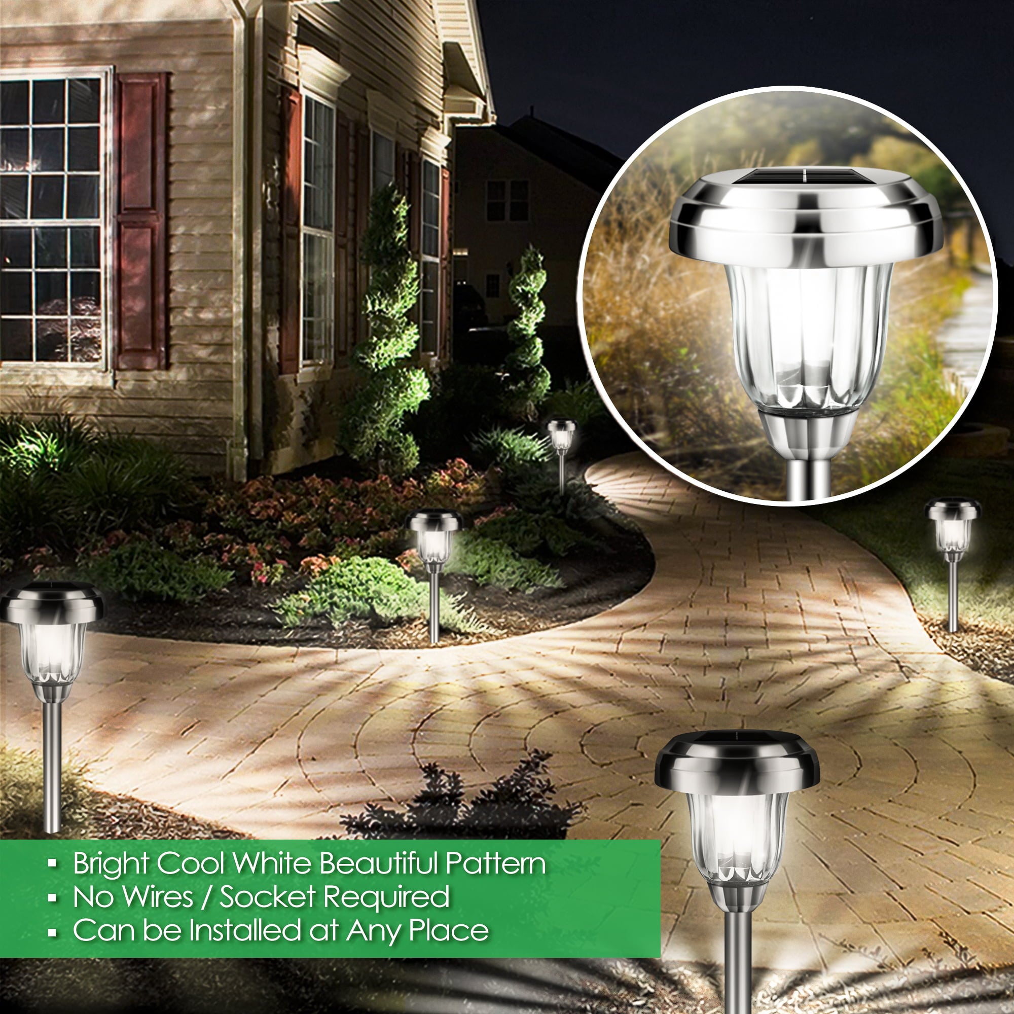 Solar Pathway Light Outdoor for Garden High Lumen 4 Pack Outdoor Waterproof Solar Light Landscape Lights for Yard， Lawn， Pathway， Walkway， Deck， Patio Glass and Stainless Steel Cool White